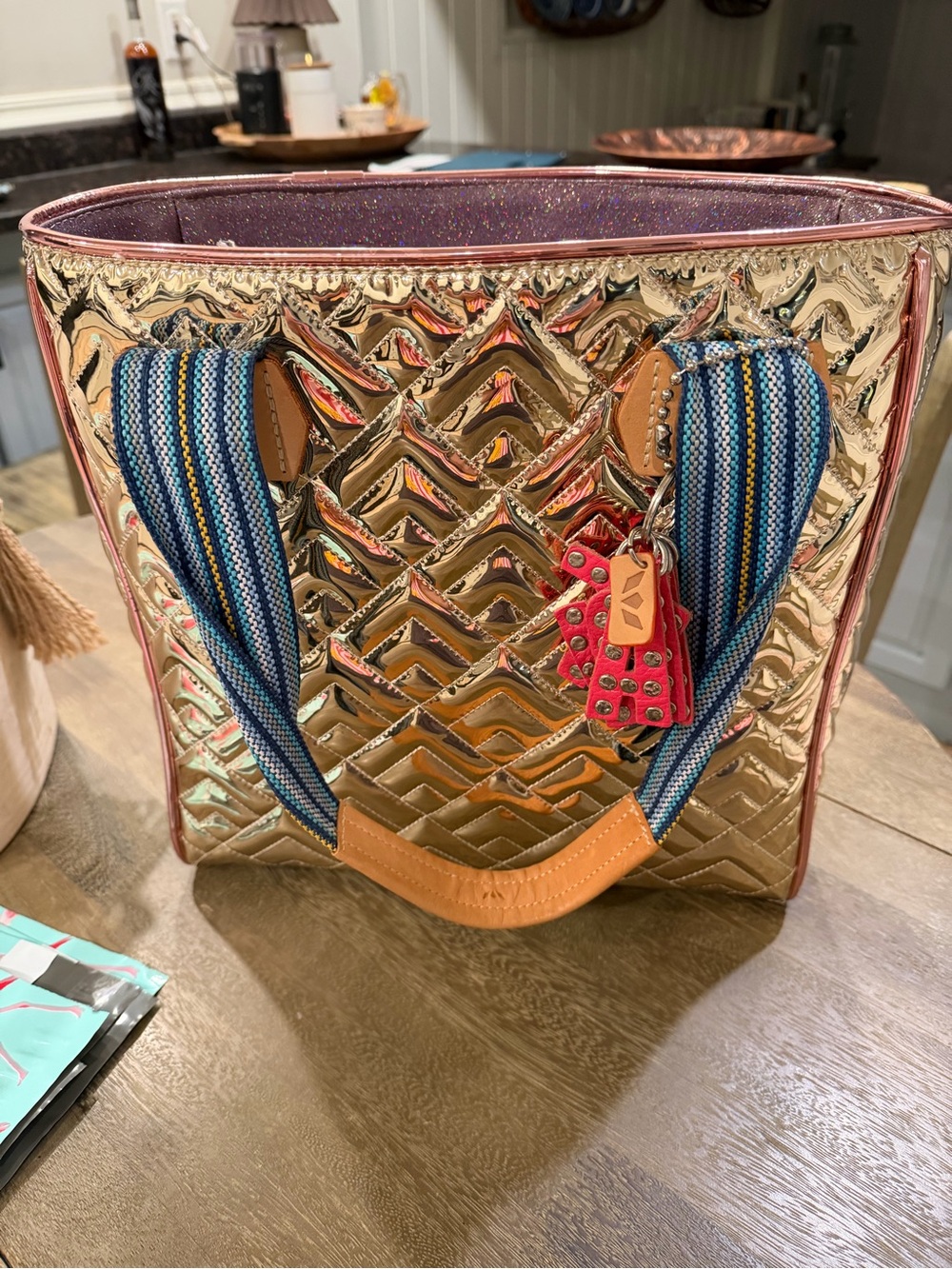 Consuela Metallic Gold Quilted Tote with Blue Striped Handles and Pink Charm